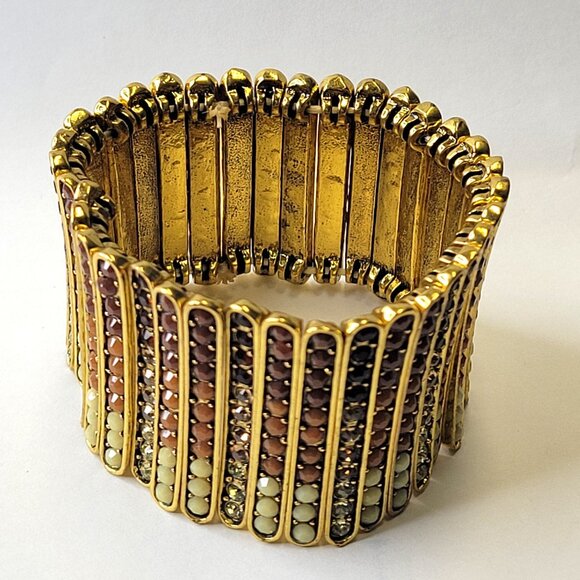 Gold Tone and Brown Wide Cuff Embellished Stretchy Bracelet - Picture 3 of 12